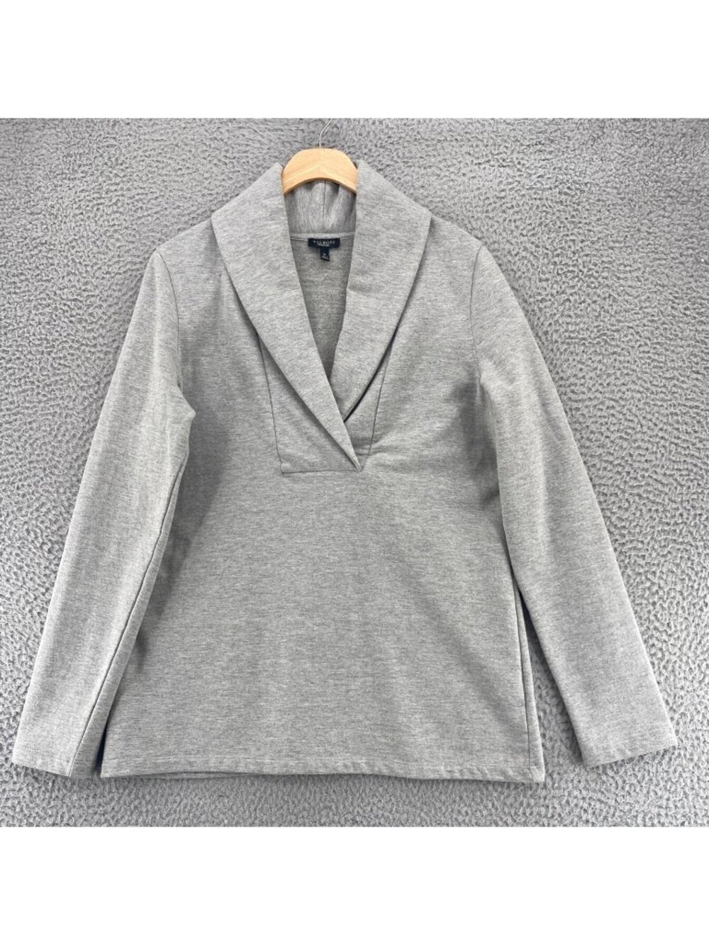 Talbots Sweater Womens Medium Gray Heather Shawl Lapel Stretch Knit Long Sleeve